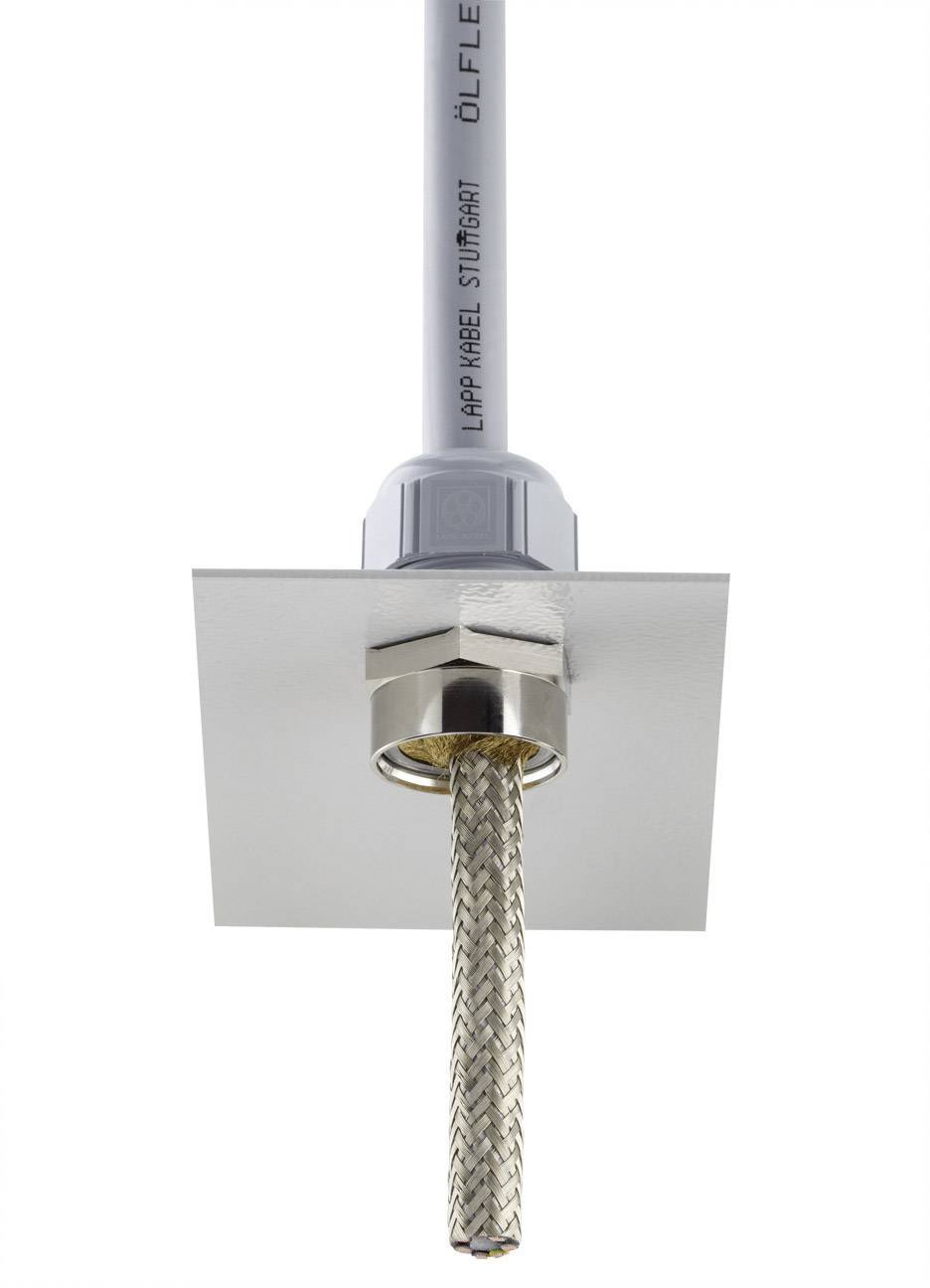 Passaggio cavo in metallo argentato con guaina intrecciata di protezione. Testo sul cavo: 'Lapp Kabel Ölflex'. Montaggio verticale.