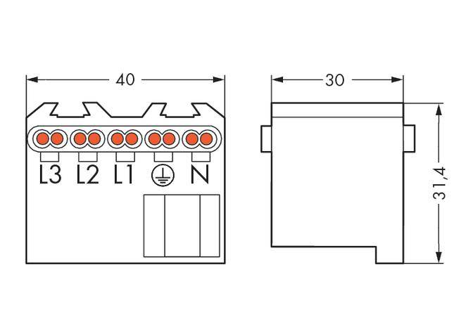 Disegno tecnico di un connettore elettrico con cinque terminali: L3, L2, L1, simbolo di messa a terra e N. Dimensioni: 40 x 31,4 x 30 mm.