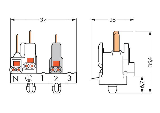 Schema di un blocco di connessione con tre guide: N, terra, 1, 2, 3. Dimensioni: larghezza 37 mm, profondità 25 mm, altezza 35,4 mm.