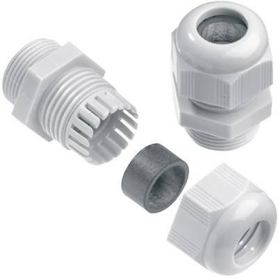 Diversi raccordi passacavo in plastica, composti da custodia, anello di tenuta e dado di serraggio, mostrati da varie angolazioni.