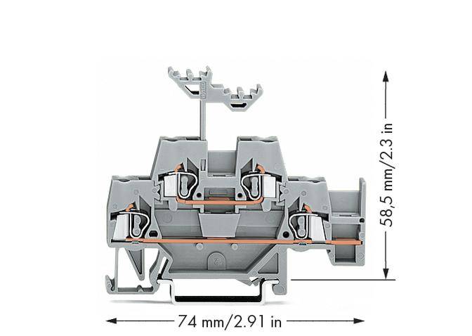 Morsetto grigio-arancione con parti metalliche. Dimensioni: 74 mm di larghezza, 58,5 mm di altezza. Contiene quattro punti di connessione.