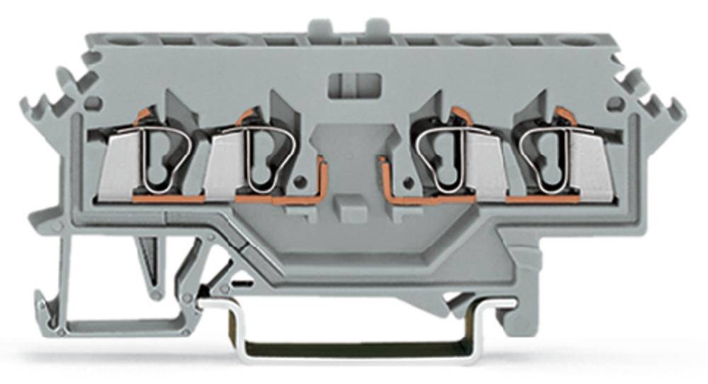 Morsettiera elettronica grigia con più conduttori in rame, fissaggio laterale e contatti metallici per connessioni elettriche.