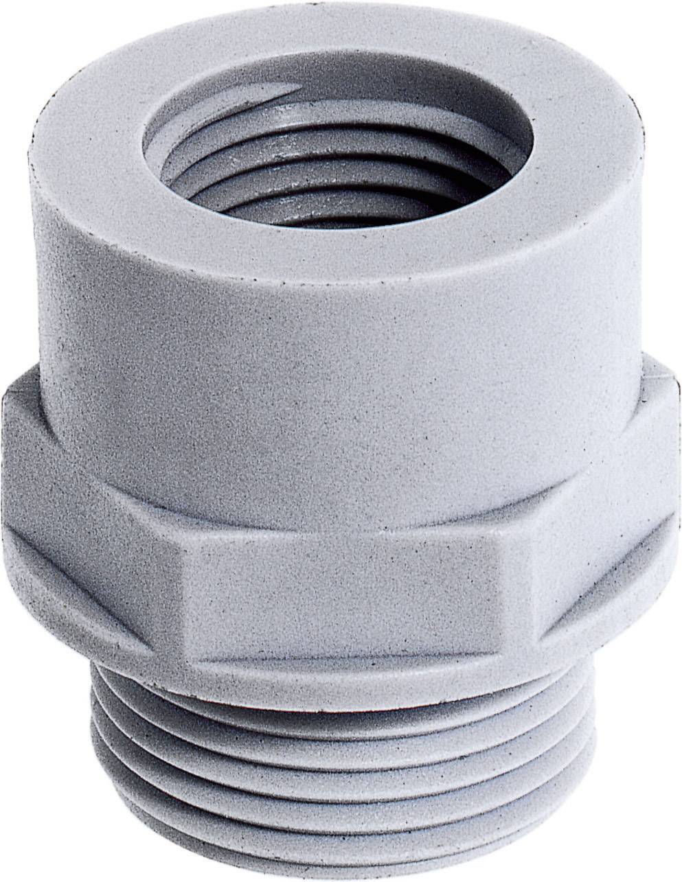 Un adattatore cilindrico grigio in plastica con filettatura interna ed esterna, idoneo per connessioni di tubi.