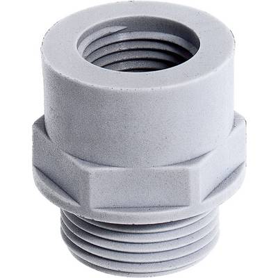 Un adattatore cilindrico grigio in plastica con filettatura interna ed esterna, idoneo per connessioni di tubi.
