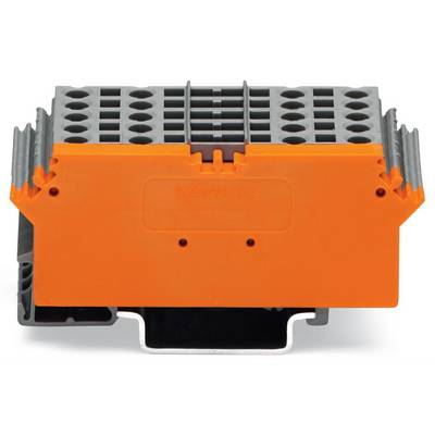 Connettore elettrico arancione-grigio con più slot per connessioni di cavi, utilizzato in applicazioni industriali.