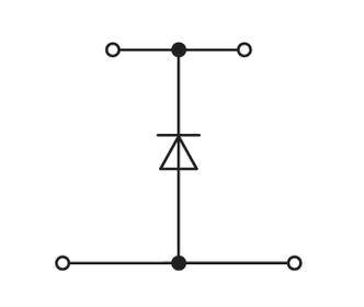 Simbolo elettronico di un transistore: linea verticale centrale con triangolo e linea trasversale, quattro cerchi di connessione.