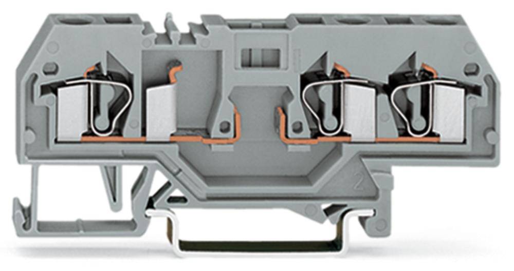Morsetto elettrico grigio con connettori metallici e involucro in plastica per il fissaggio su una guida.