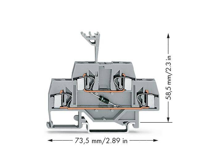 Morsetto grigio con dimensioni: 73,5 mm di larghezza, 58,5 mm di altezza. Parti interne visibili e connessioni metalliche.