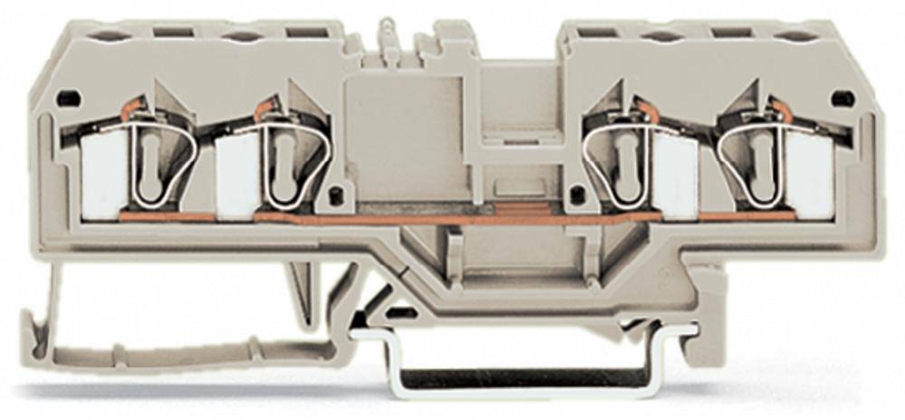Morsetto a fila con due strati di fili metallici, alloggiamento in plastica grigia. Viene utilizzato per il collegamento sicuro di cavi elettrici.