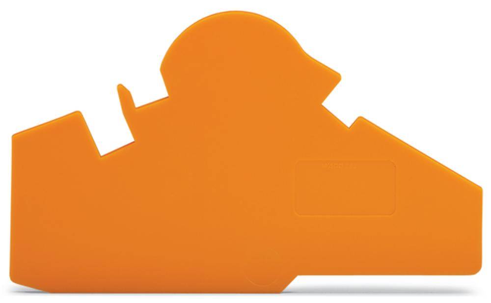 Forma plastica arancione con design geometrico, probabilmente un componente o un utensile, senza funzione o scritta riconoscibile.