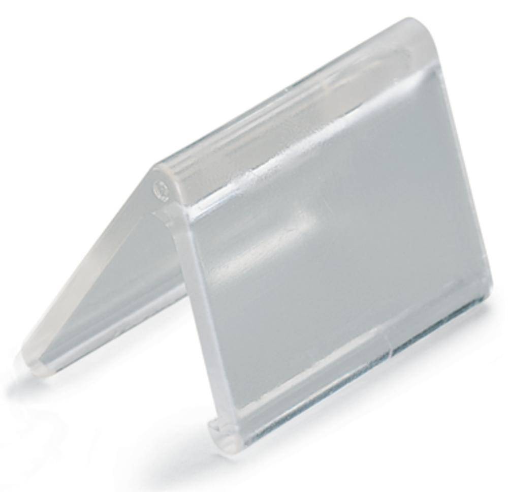Portabiglietti da tavolo in plastica trasparente con design a V capovolto. Adatto per la presentazione di biglietti da visita o targhette identificative.