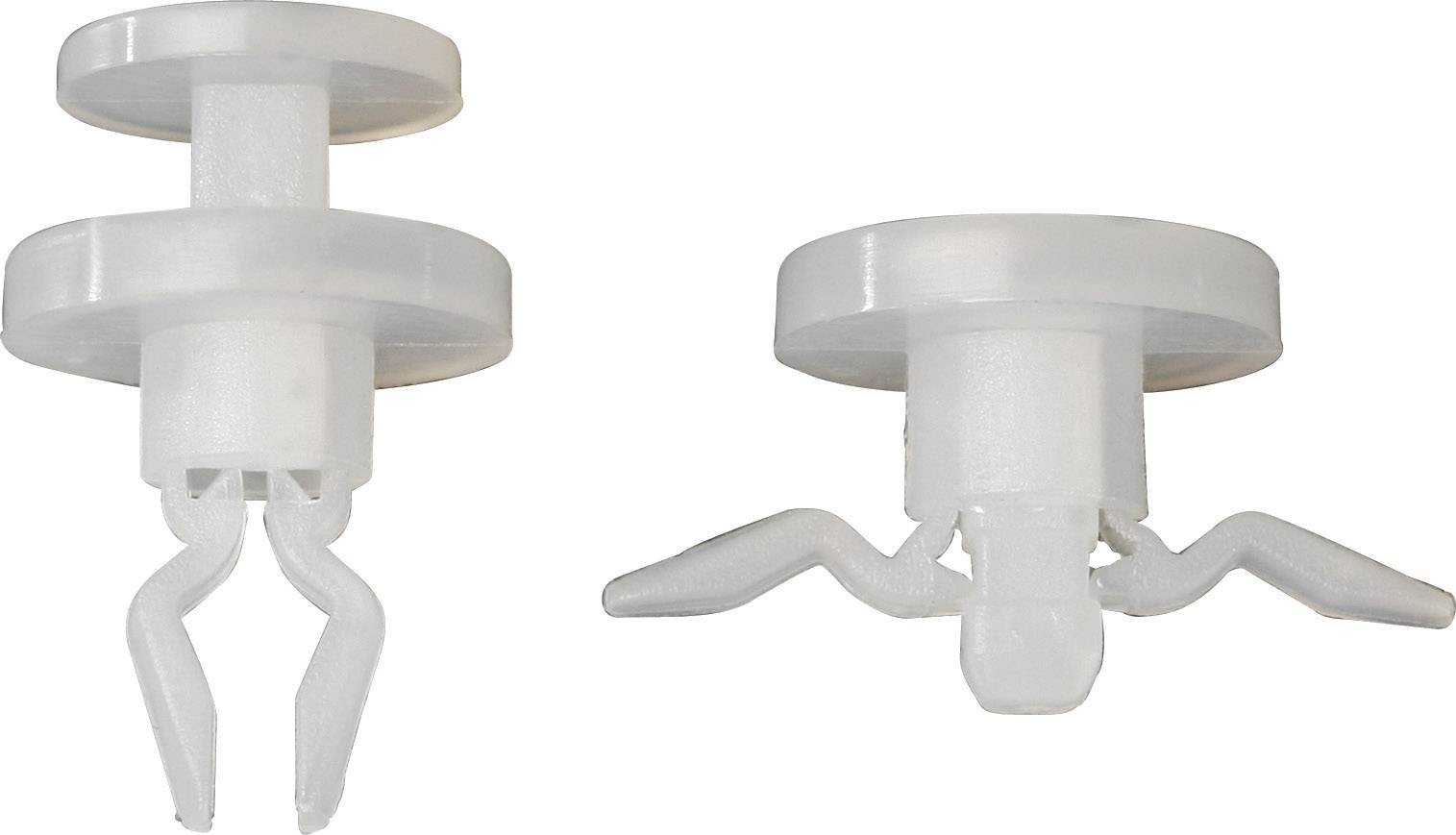 Due clip bianche in plastica per fissare pannelli o rivestimenti. A sinistra una clip chiusa, a destra una clip aperta.