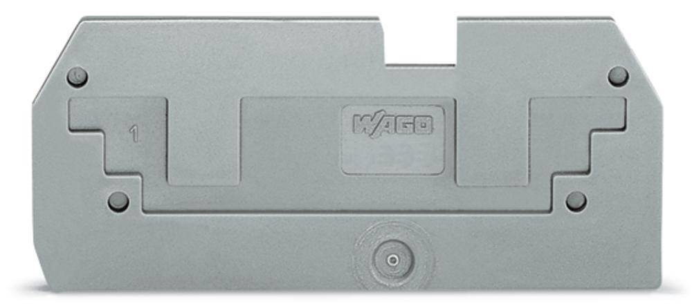Chiusura terminale e intermedia grigia per morsetti a barra, forma rettangolare, con logo WAGO al centro.