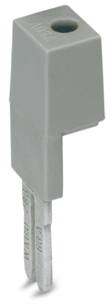 Connettore grigio rettangolare con due spinotti metallici. La parte superiore presenta un'apertura circolare.