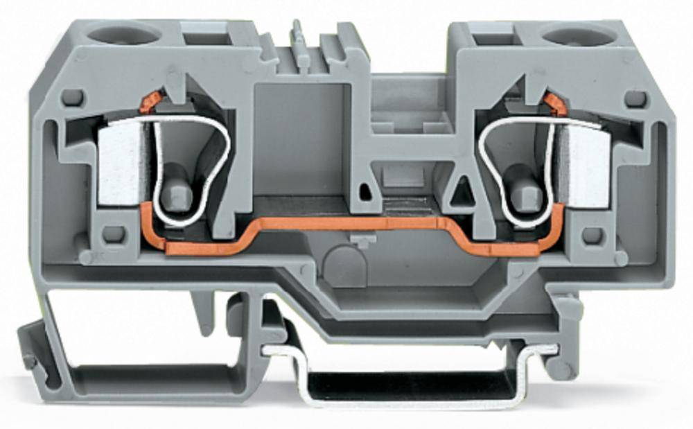 Morsettiera elettrica grigia con conduttore in rame al centro e meccanismo di serraggio su entrambi i lati, adatta per cablaggi industriali.