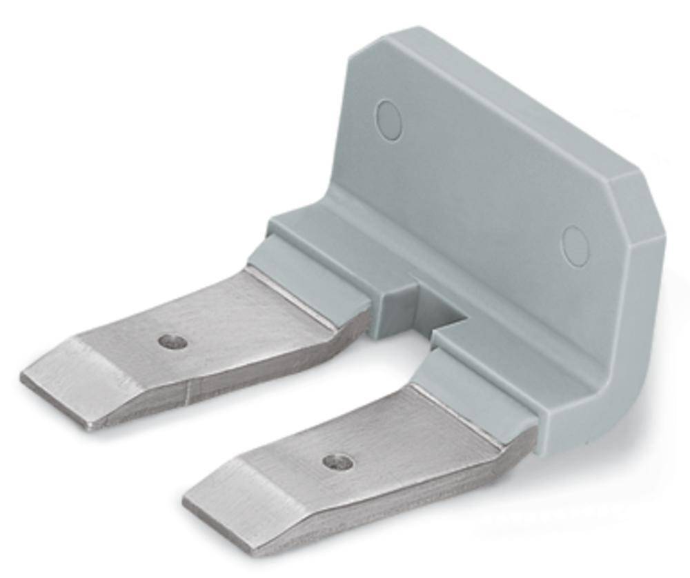 Supporto metallico con due bracci piatti e angolati, con base in plastica grigia, probabilmente adatto a scopi di montaggio.