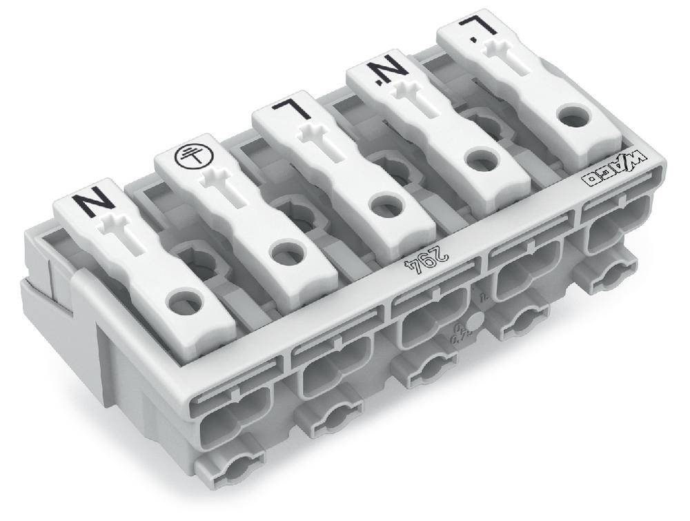 Un morsetto modulare grigio WAGO con cinque connessioni, contrassegnato con simboli e lettere L, N, simbolo di terra, per il cablaggio.