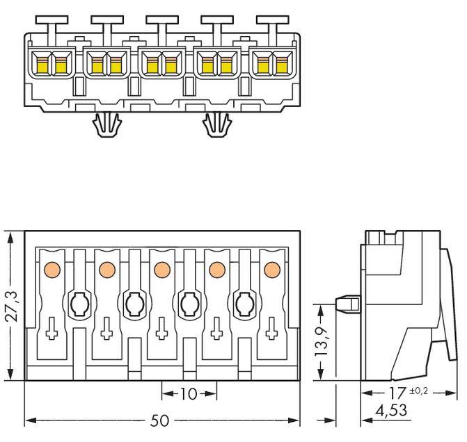 Disegno tecnico di un connettore con misure: larghezza 50 mm, altezza 27,3 mm, profondità 17 mm. Sei slot di connessione sono visibili.