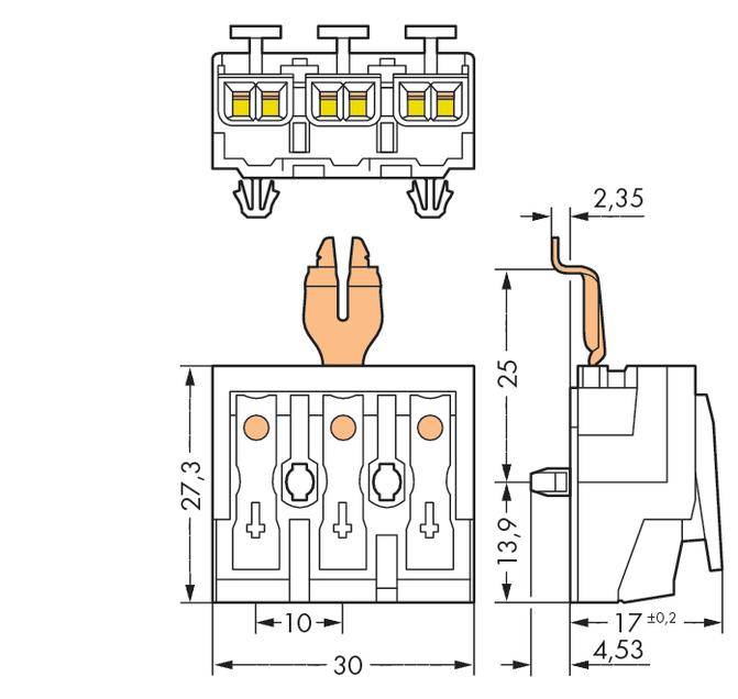 Disegno tecnico di un connettore tripolare con dimensioni: altezza 27,3 mm, larghezza 30 mm, profondità 25 mm. La vista laterale mostra i pin di contatto.