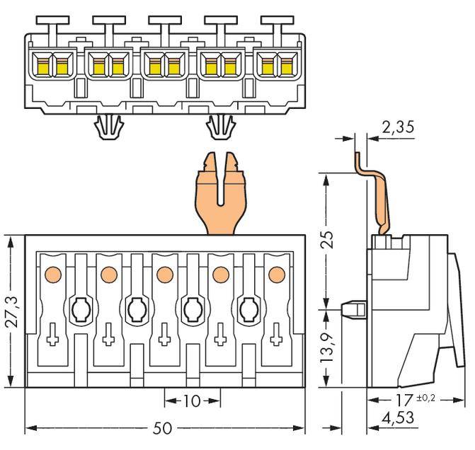Diagramma di un connettore multipolare con misure tecniche. Mostra vista frontale, laterale e dall'alto con dimensioni in millimetri.