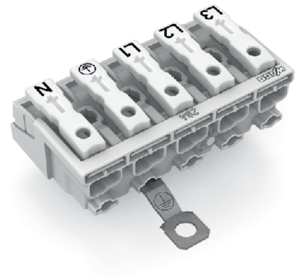 Blocco di connessione elettrico con cinque morsetti numerati da N a L3. Include un collegamento di terra e filettatura per un fissaggio sicuro.