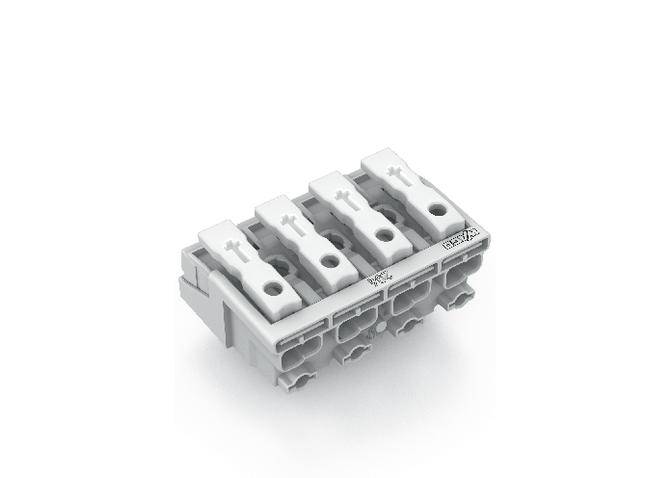 Blocco morsetti in plastica grigia con cinque slot per connessioni elettriche, idoneo per installazione e cablaggio.