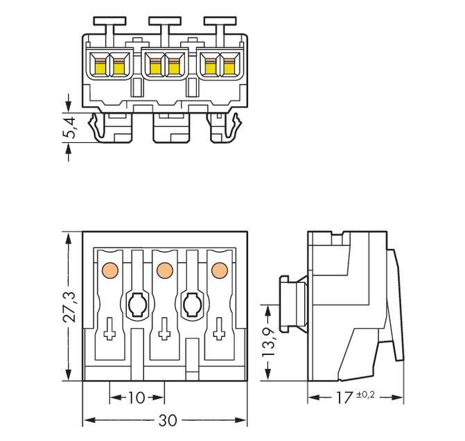 Disegno tecnico di un modulo interruttore triplo con dimensioni in millimetri. Sono mostrate le viste frontale, laterale e superiore.