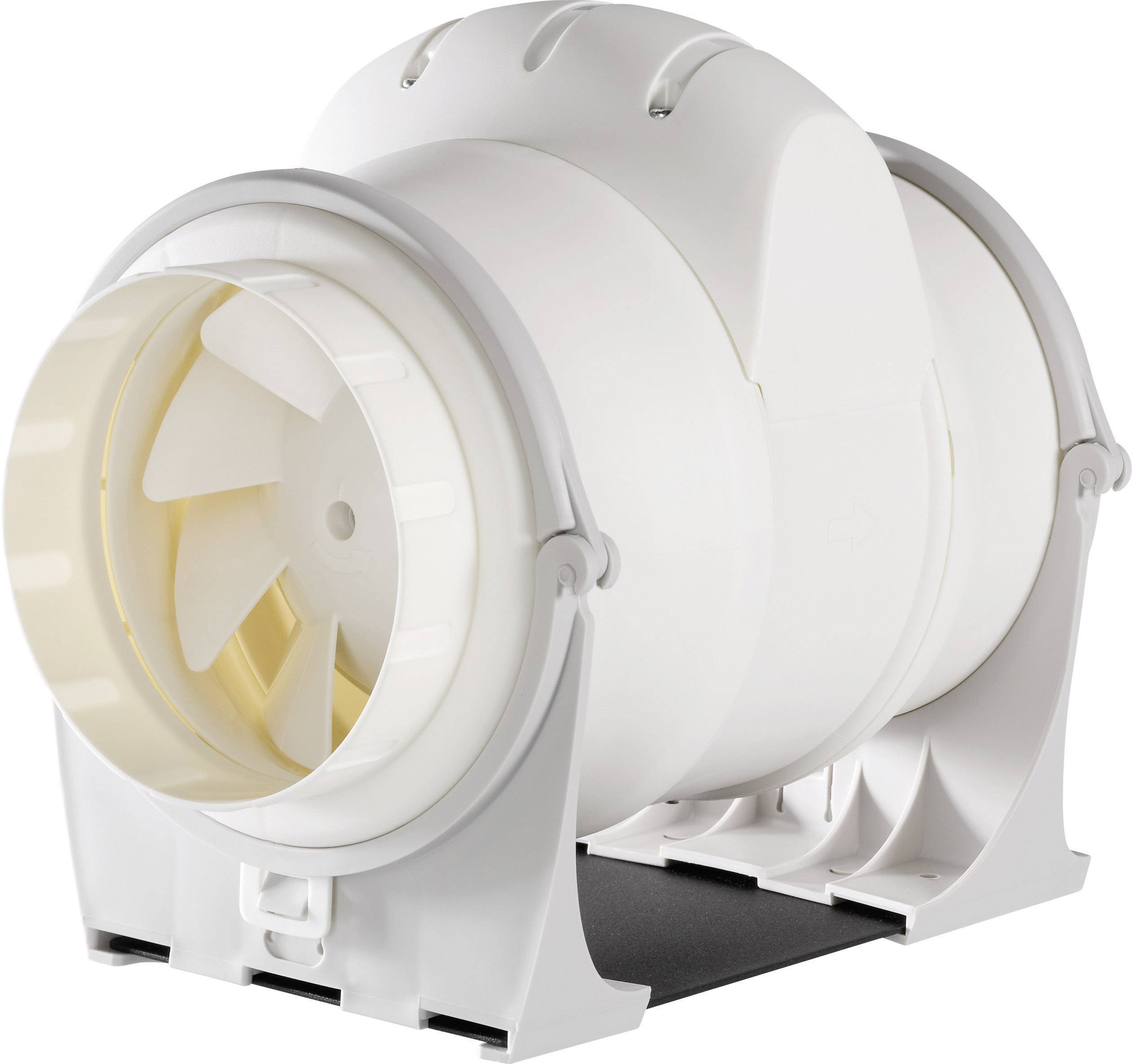 Un dispositivo di ventilazione bianco e cilindrico con girante, montato su un supporto, per regolare i flussi d'aria nei sistemi di ventilazione.
