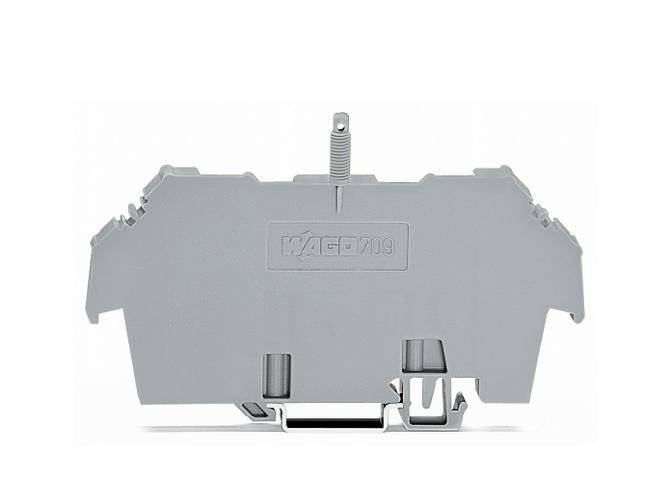 Blocco morsettiera elettrico grigio con logo e scritta 'KLEMS' visibile. Adatto per il fissaggio di fili elettrici.