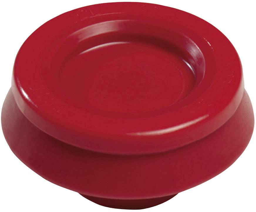 Un bottone rotondo rosso in plastica, che assomiglia a un interruttore o a un coperchio.