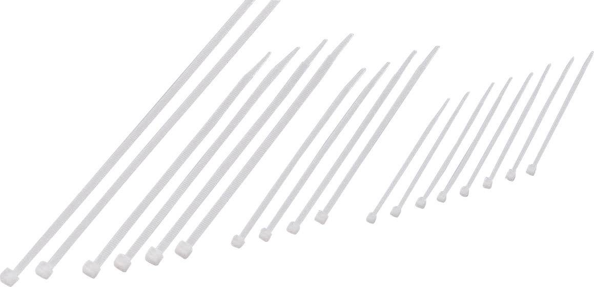 Diversi fascette stringicavo bianche di varie lunghezze su uno sfondo bianco, disposte in ordine crescente da sinistra a destra.