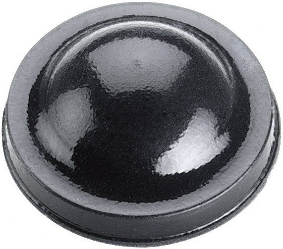 Un singolo scudo nero rotondo con forma convessa e superficie lucente su sfondo bianco.
