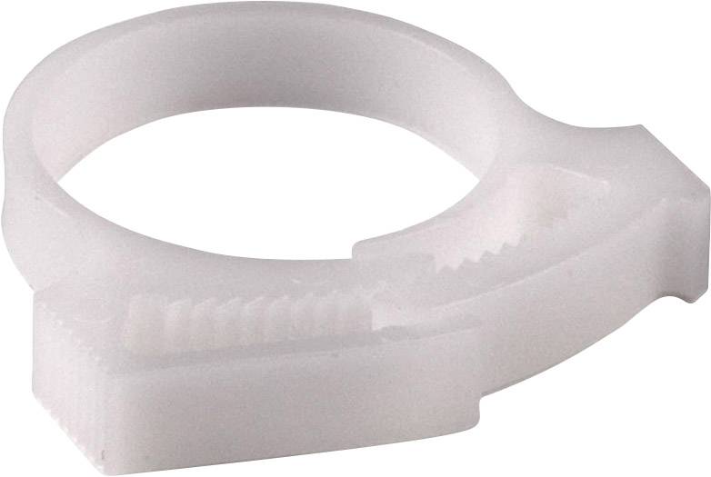 Un anello di plastica bianco con meccanismo di chiusura laterale, probabilmente un anello di tenuta per tubi o flessibili.