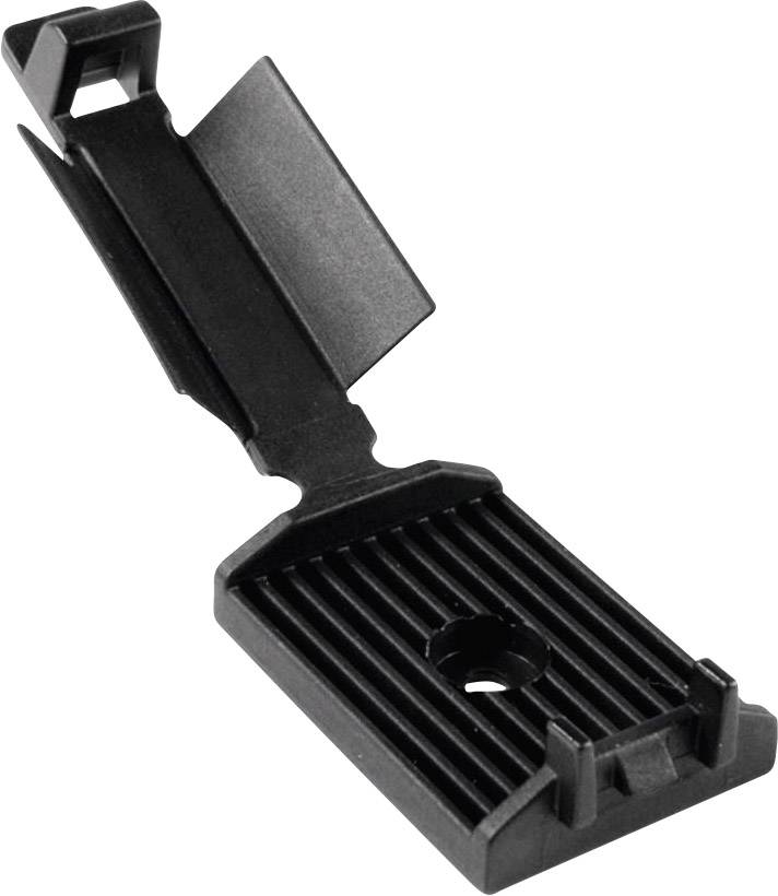 Clip di fissaggio in plastica nero, rettangolare con scanalature, ali laterali e foro centrale.