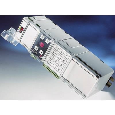Un dispositivo elettronico con tastiera e display digitali, montato su una guida DIN, su uno sfondo blu.