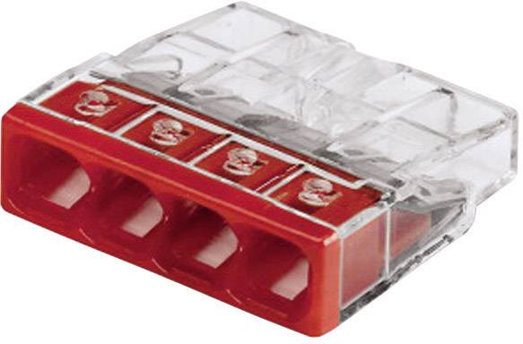 Connettore cablato a quattro poli, trasparente, con involucro in plastica rossa e contatti argentati. Idoneo per connessioni elettriche.