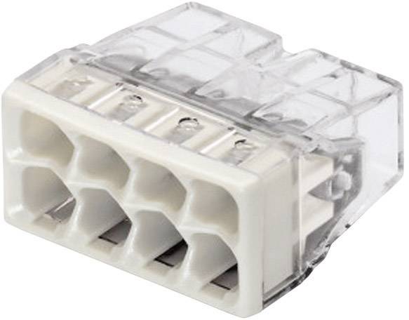 Un connettore in plastica trasparente con sei bocchette di connessione bianche, adatto per connessioni elettriche.
