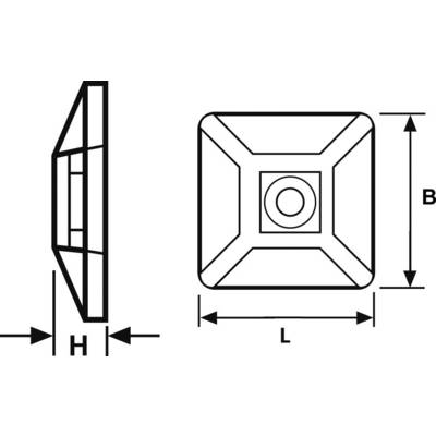 Disegno tecnico di un oggetto quadrato con dimensioni L, B e H, che mostra la vista frontale e laterale.