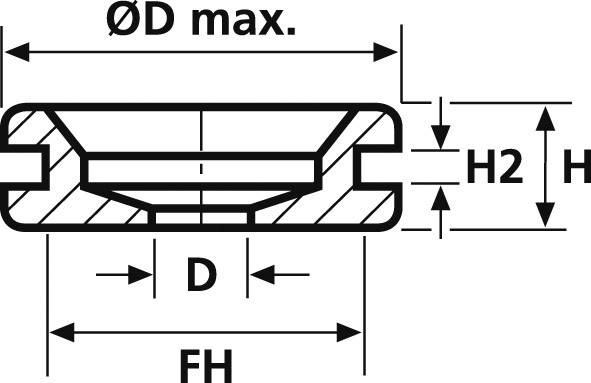 Disegno tecnico di una sezione trasversale di una guarnizione con dimensioni indicate: ØD max., D, FH, H2 e H sono specificate.