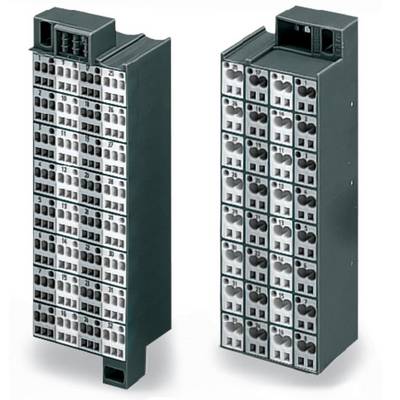 Due componenti elettroniche grigie con più file di connettori e numerazioni.