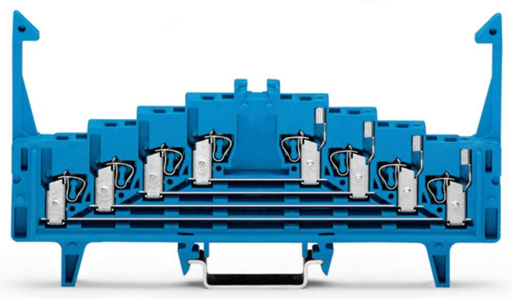 Un blocco morsetti elettrico blu in serie, con più punti di connessione per il cablaggio all'interno di quadri elettrici.