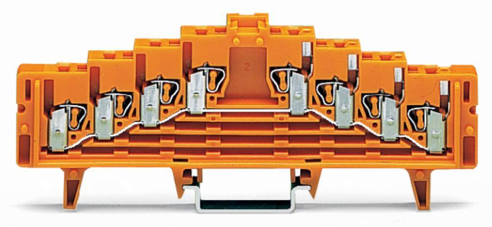 Morsettiera arancione per connessioni elettriche, con più punti di aggancio e contatti metallici, idonea per connessioni trasversali.