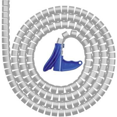 Uno strumento blu giace al centro di una copertura grigia per cavi arrotolata a spirale.