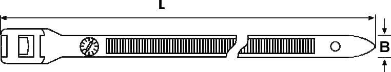 Diagramma di una fascetta stringicavo con marcature di lunghezza (L) e larghezza (B). A sinistra è visibile la parte di chiusura.