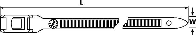 Illustrazione di un fascetta fermacavi con le dimensioni 'L' per la lunghezza e 'W' per la larghezza.