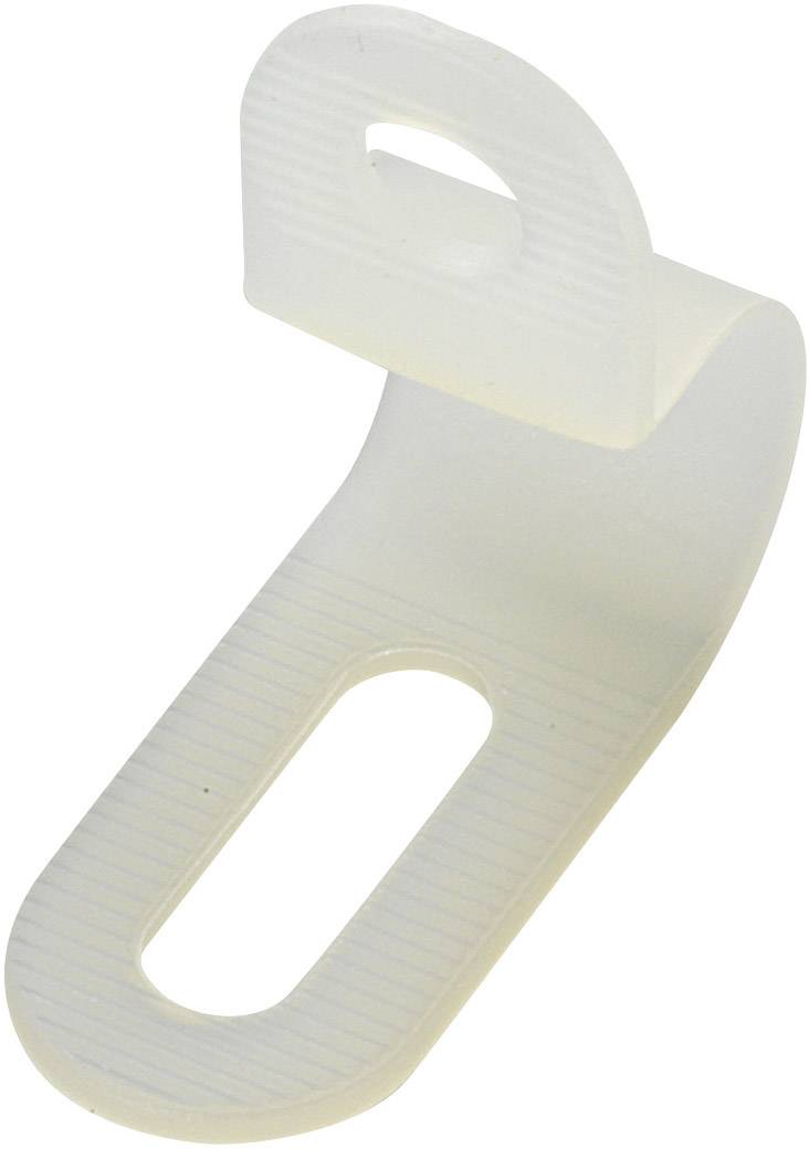 Gancio in plastica bianco, curvo con apertura rettangolare, utilizzato per fissare o assicurare oggetti.