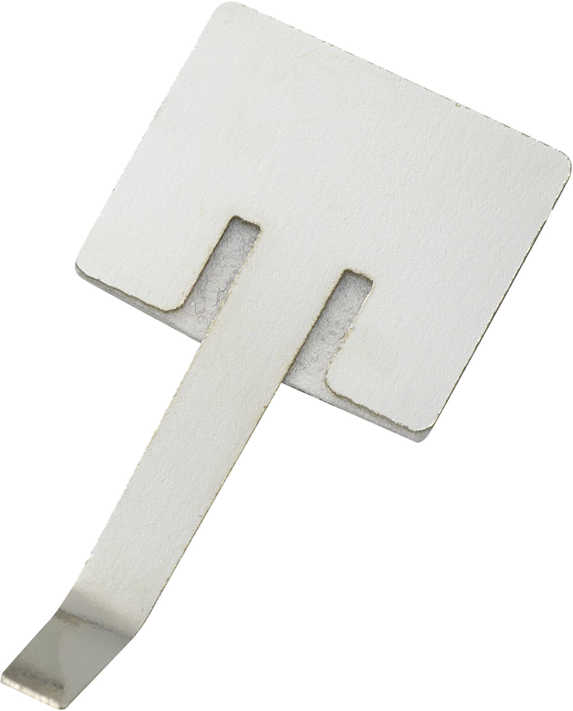 Un pezzo quadrato di metallo bianco con un gancio intagliato, che funge da elemento di montaggio o connessione.