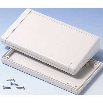 Un involucro rettangolare grigio in plastica con coperchio rimovibile e viti a vista.