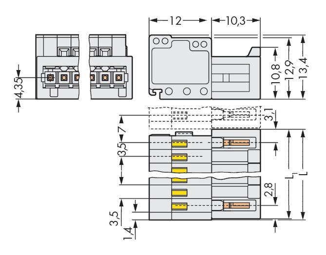 Disegno tecnico di un connettore con indicazioni dimensionali. Mostra vista frontale, laterale e dall'alto con misure dettagliate.