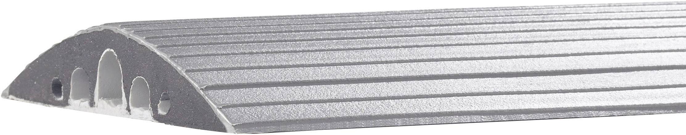 Raffigurazione di un canale per cavi grigio con superficie curva e scanalata. Adatto per la protezione di cavi e condutture a terra.